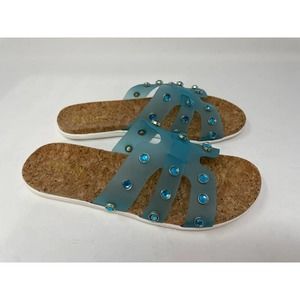 Kenneth Cole REACTION Women's Slim H Band Stud Flat Sandal, Aqua, 9